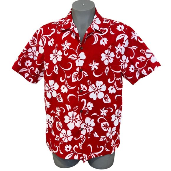 RJC Shirt Mens XL Red White Hibiscus Pareo Hawaiian Floral Button Front Vintage - Picture 1 of 10